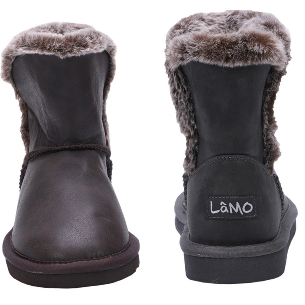 Lamo Women’s Vera Dark Brown Faux Fur Trim Logo Ankle Winter Boots Size 5